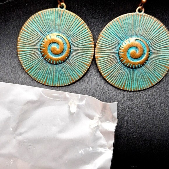Round spiral Boho Bronze Earrings with Turquoise Accents beachy vibes - Picture 3 of 4